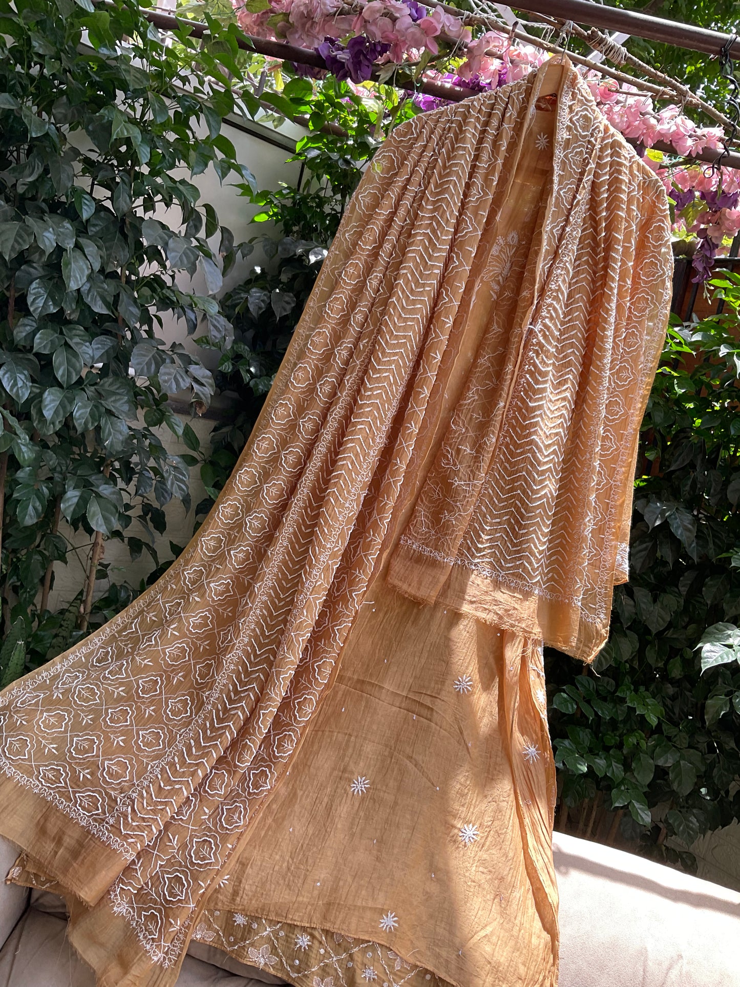 Pure Mul Chanderi Kurta Set with Chikankari & Mukaish Work with Boota Detailed Dupatta (Set of 3) (Semi-stitched)