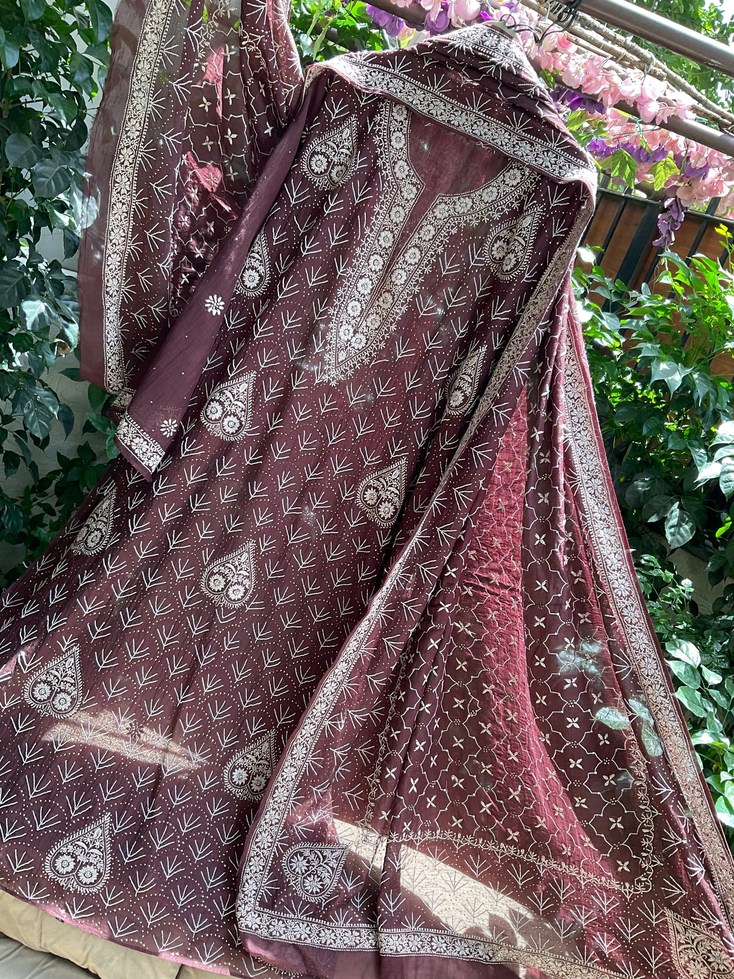 Pure Mulmul Kurta Set with Heavy Hand Chikankari & Mukaish Work with Handcrafted Dupatta (Set of 3) (Semi-stitched)