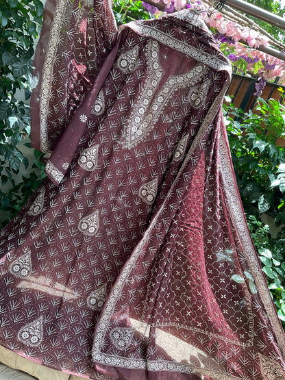 Pure Mulmul Kurta Set with Heavy Hand Chikankari & Mukaish Work with Handcrafted Dupatta (Set of 3) (Semi-stitched)