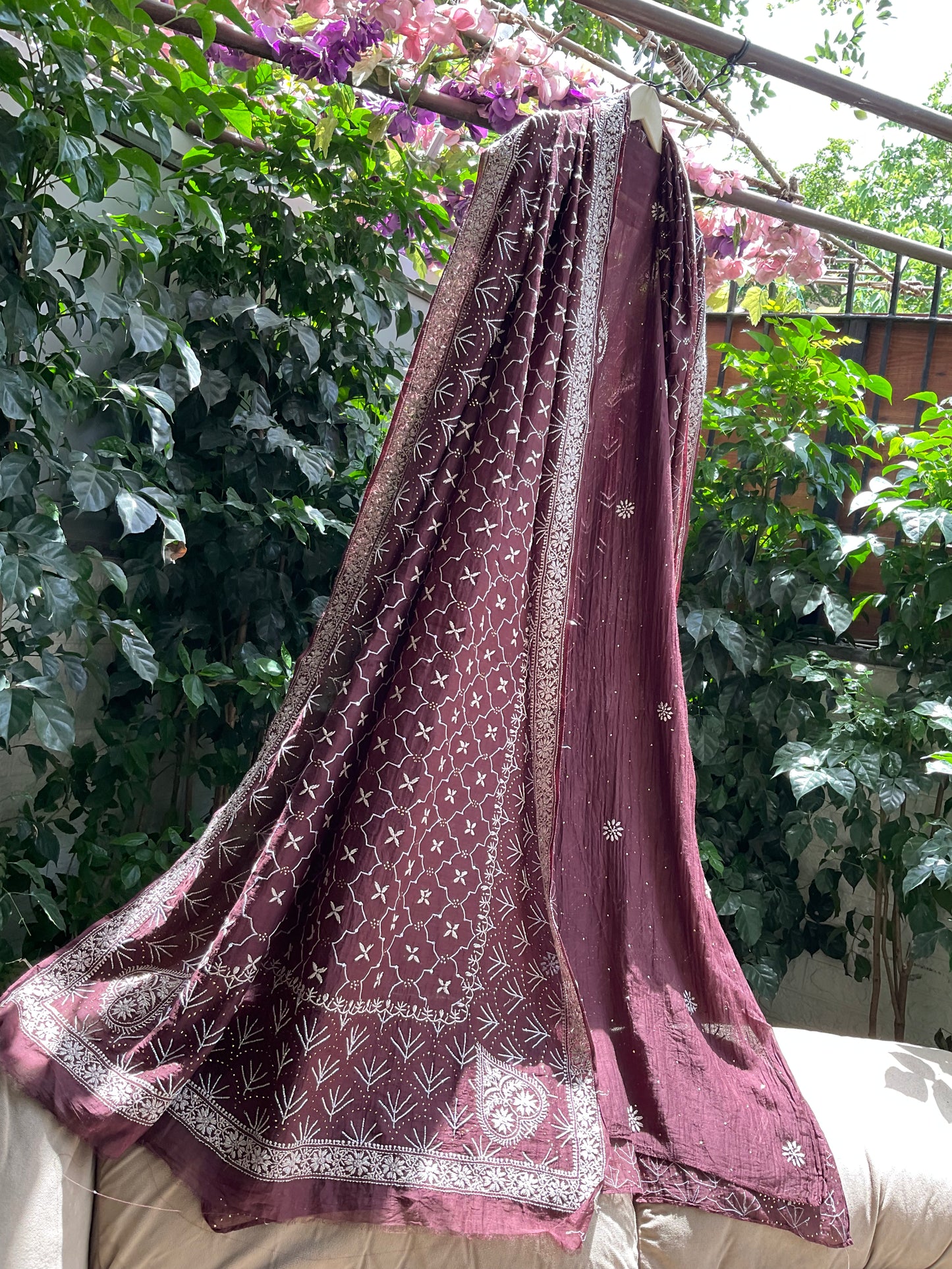 Pure Mulmul Kurta Set with Heavy Hand Chikankari & Mukaish Work with Handcrafted Dupatta (Set of 3) (Semi-stitched)