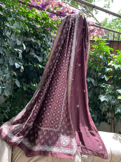 Pure Mulmul Kurta Set with Heavy Hand Chikankari & Mukaish Work with Handcrafted Dupatta (Set of 3) (Semi-stitched)