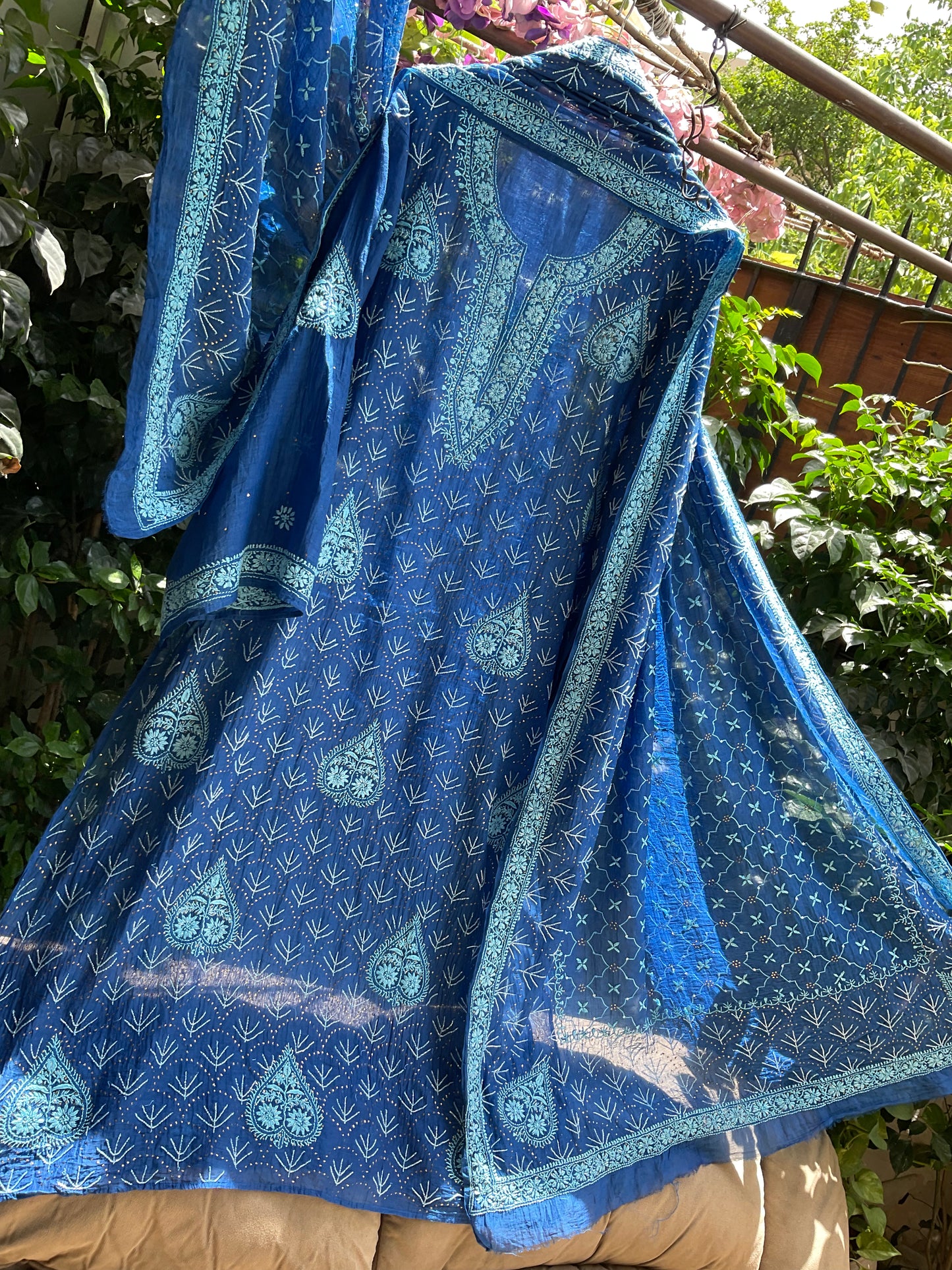 Pure Mulmul Kurta Set with Heavy Hand Chikankari & Mukaish Work with Handcrafted Dupatta (Set of 3) (Semi-stitched)