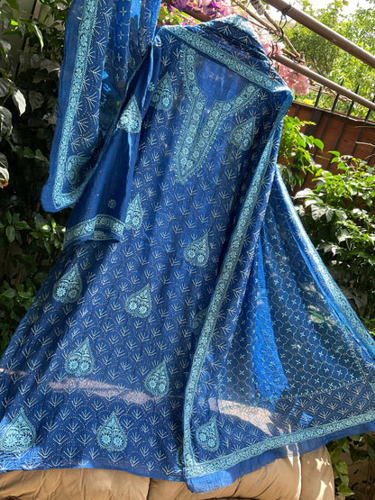 Pure Mulmul Kurta Set with Heavy Hand Chikankari & Mukaish Work with Handcrafted Dupatta (Set of 3) (Semi-stitched)