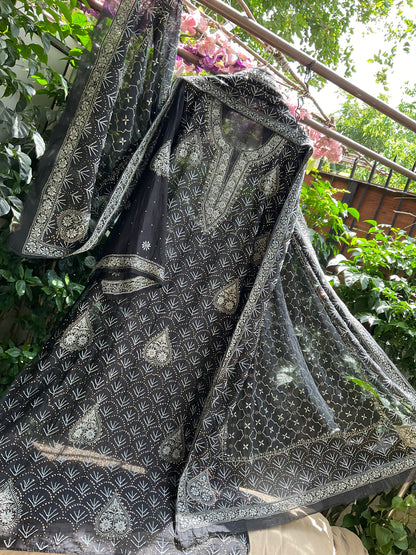 Pure Mulmul Kurta Set with Heavy Hand Chikankari & Mukaish Work with Handcrafted Dupatta (Set of 3) (Semi-stitched)