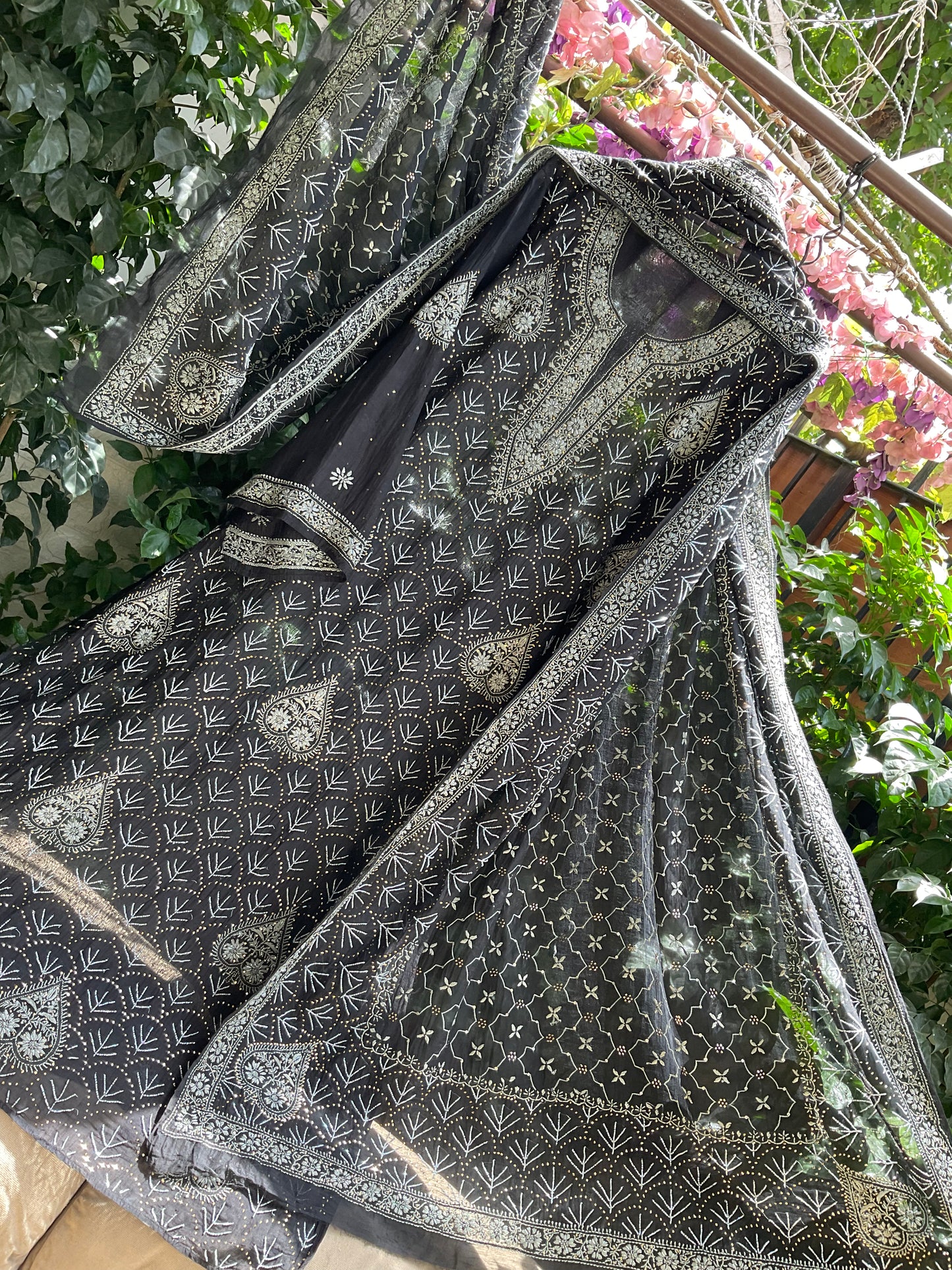 Pure Mulmul Kurta Set with Heavy Hand Chikankari & Mukaish Work with Handcrafted Dupatta (Set of 3) (Semi-stitched)