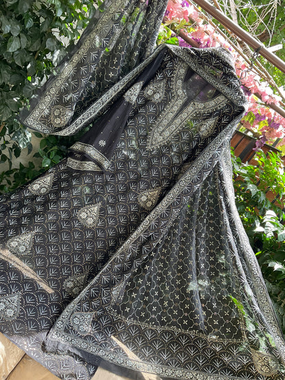 Pure Mulmul Kurta Set with Heavy Hand Chikankari & Mukaish Work with Handcrafted Dupatta (Set of 3) (Semi-stitched)