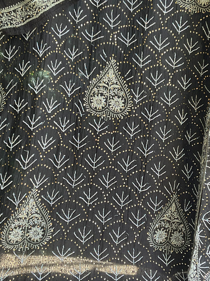 Pure Mulmul Kurta Set with Heavy Hand Chikankari & Mukaish Work with Handcrafted Dupatta (Set of 3) (Semi-stitched)