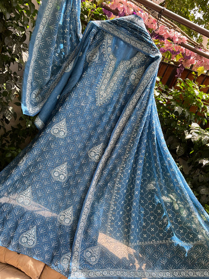 Pure Mulmul Kurta Set with Heavy Hand Chikankari & Mukaish Work with Handcrafted Dupatta (Set of 3) (Semi-stitched)
