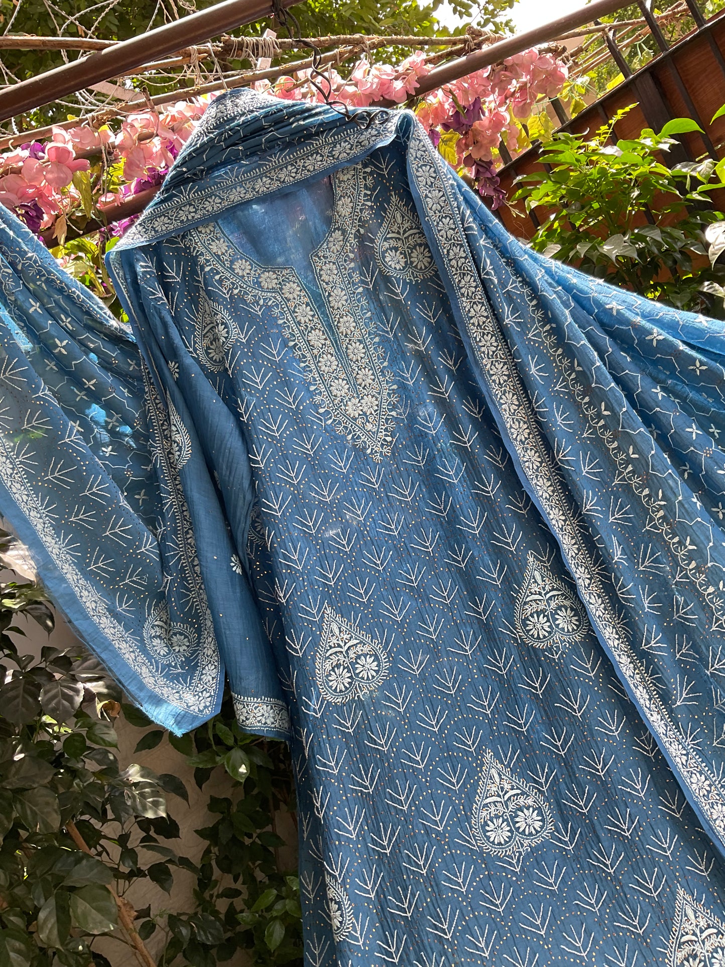Pure Mulmul Kurta Set with Heavy Hand Chikankari & Mukaish Work with Handcrafted Dupatta (Set of 3) (Semi-stitched)