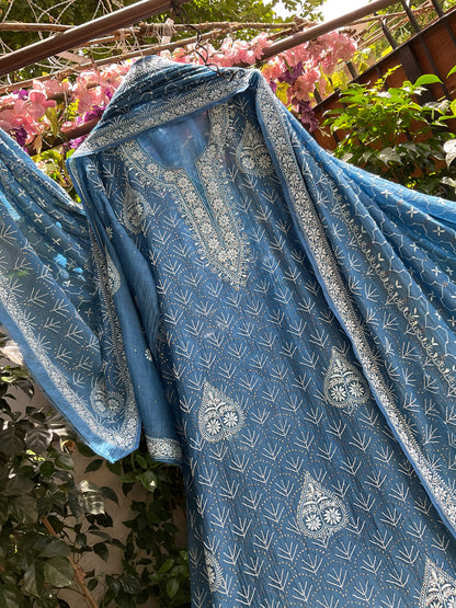 Pure Mulmul Kurta Set with Heavy Hand Chikankari & Mukaish Work with Handcrafted Dupatta (Set of 3) (Semi-stitched)