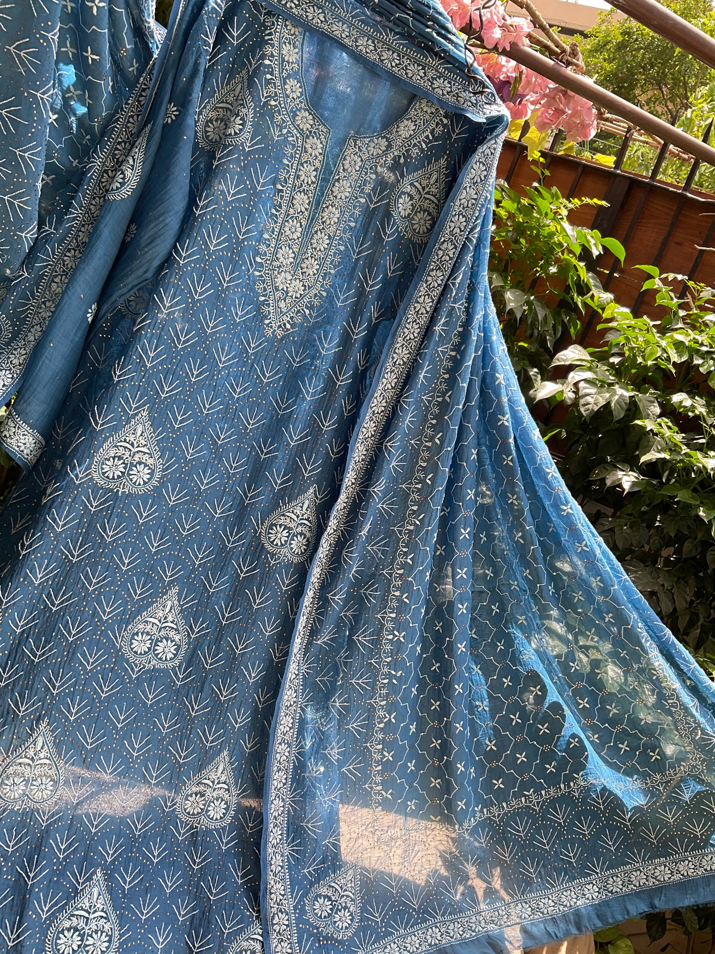 Pure Mulmul Kurta Set with Heavy Hand Chikankari & Mukaish Work with Handcrafted Dupatta (Set of 3) (Semi-stitched)