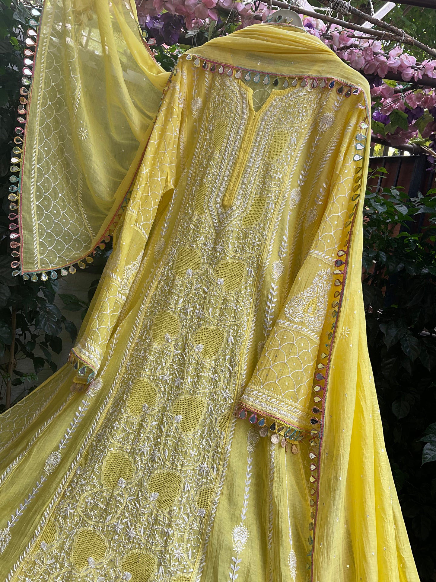 Pure Mulmul Anarkali Suit Set with Chikankari & Jaali Work with Handcrafted Dupatta (Set of 3) (Semi-stitched)