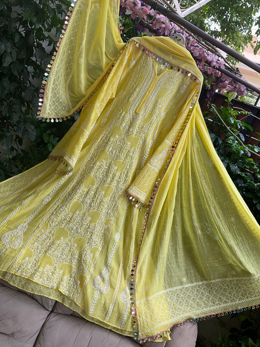 Pure Mulmul Anarkali Suit Set with Chikankari & Jaali Work with Handcrafted Dupatta (Set of 3) (Semi-stitched)