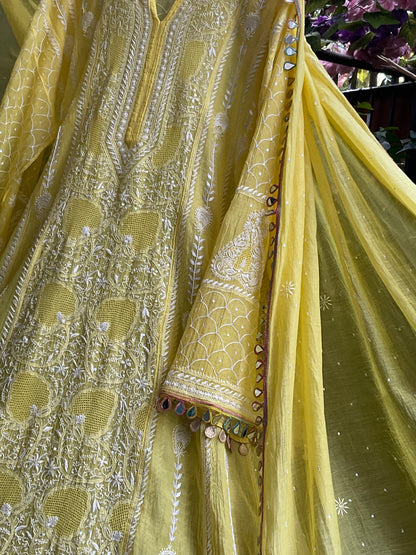 Pure Mulmul Anarkali Suit Set with Chikankari & Jaali Work with Handcrafted Dupatta (Set of 3) (Semi-stitched)
