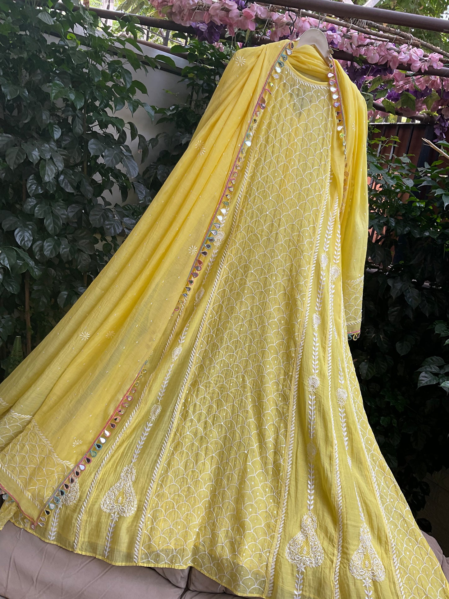 Pure Mulmul Anarkali Suit Set with Chikankari & Jaali Work with Handcrafted Dupatta (Set of 3) (Semi-stitched)