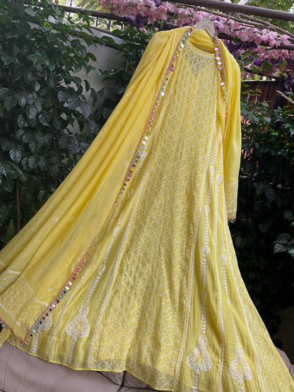 Pure Mulmul Anarkali Suit Set with Chikankari & Jaali Work with Handcrafted Dupatta (Set of 3) (Semi-stitched)