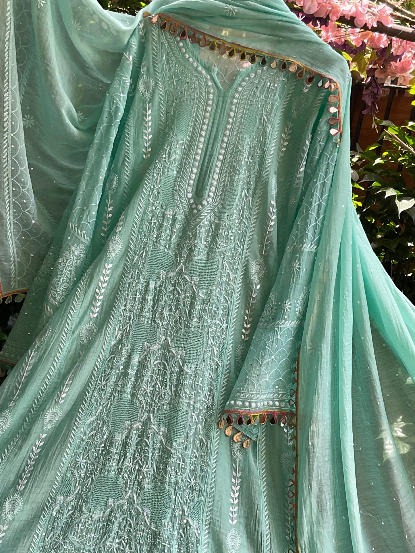 Pure Mulmul Anarkali Suit Set with Chikankari & Jaali Work with Handcrafted Dupatta (Set of 3) (Semi-stitched)