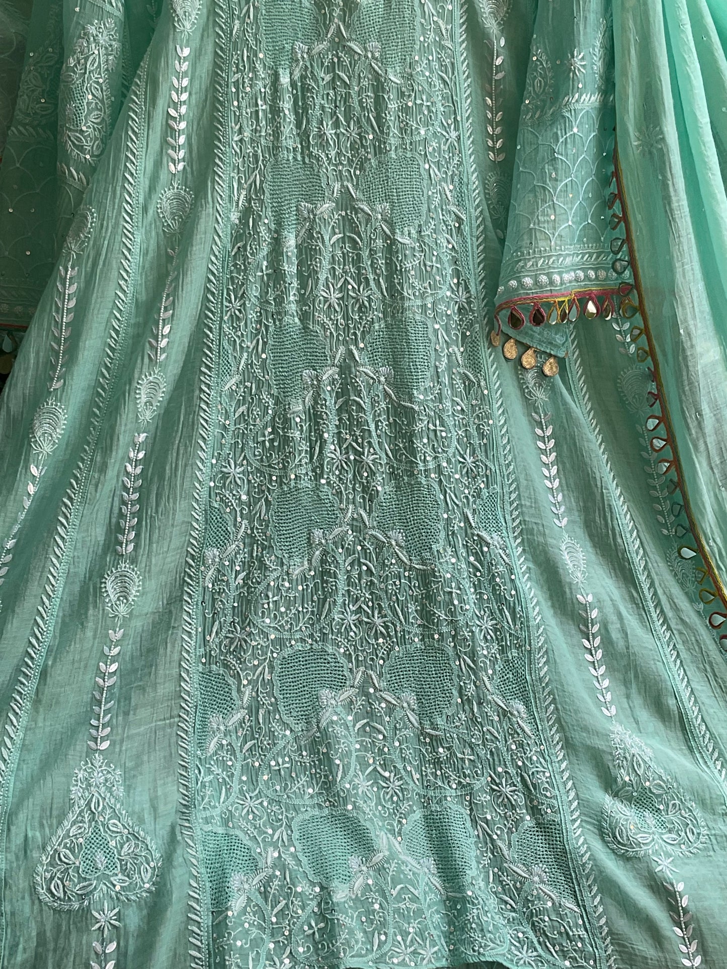 Pure Mulmul Anarkali Suit Set with Chikankari & Jaali Work with Handcrafted Dupatta (Set of 3) (Semi-stitched)