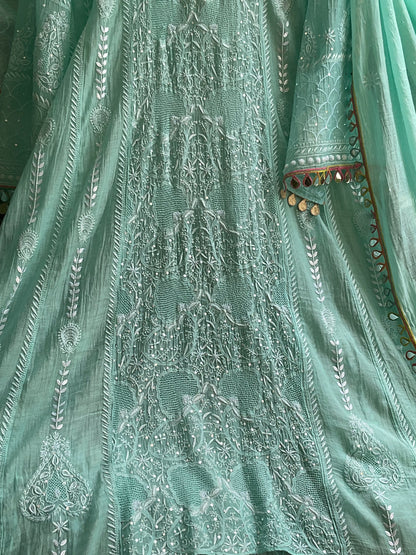 Pure Mulmul Anarkali Suit Set with Chikankari & Jaali Work with Handcrafted Dupatta (Set of 3) (Semi-stitched)