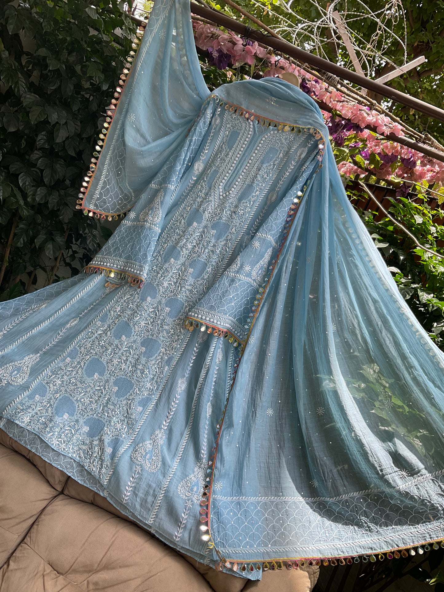 Pure Mulmul Anarkali Suit Set with Chikankari & Jaali Work with Handcrafted Dupatta (Set of 3) (Semi-stitched)