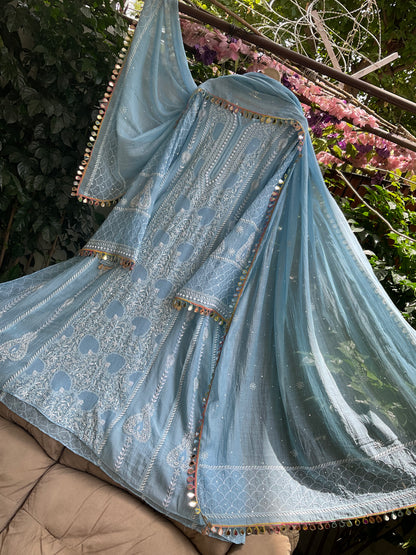 Pure Mulmul Anarkali Suit Set with Chikankari & Jaali Work with Handcrafted Dupatta (Set of 3) (Semi-stitched)