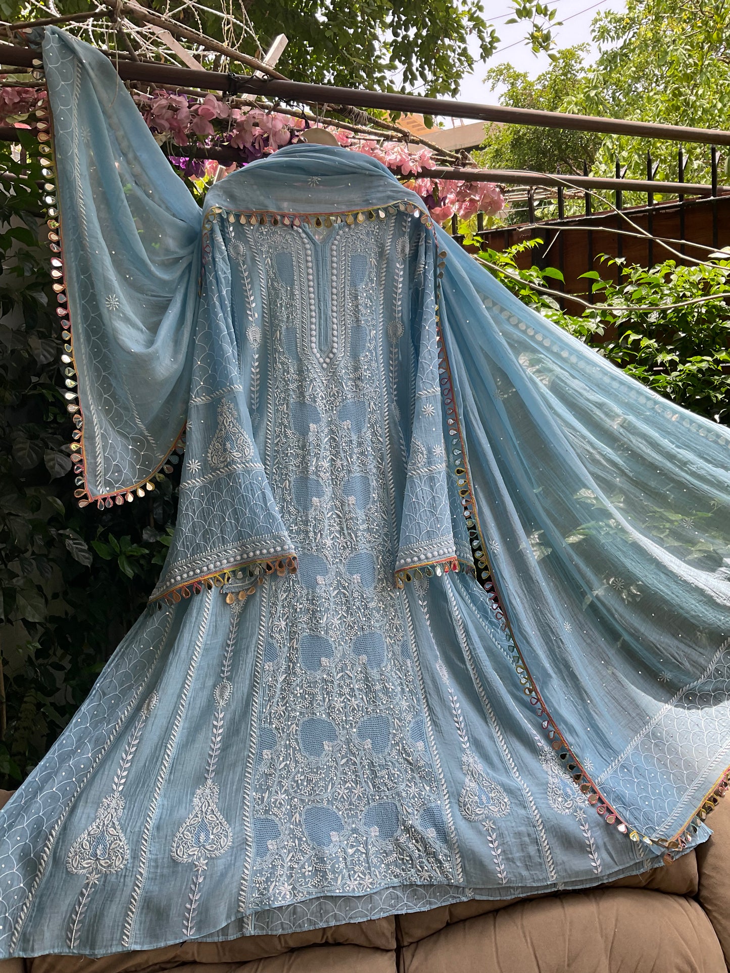 Pure Mulmul Anarkali Suit Set with Chikankari & Jaali Work with Handcrafted Dupatta (Set of 3) (Semi-stitched)