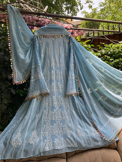 Pure Mulmul Anarkali Suit Set with Chikankari & Jaali Work with Handcrafted Dupatta (Set of 3) (Semi-stitched)