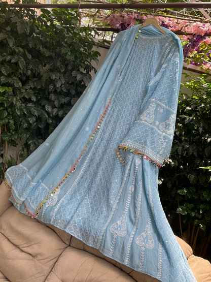 Pure Mulmul Anarkali Suit Set with Chikankari & Jaali Work with Handcrafted Dupatta (Set of 3) (Semi-stitched)