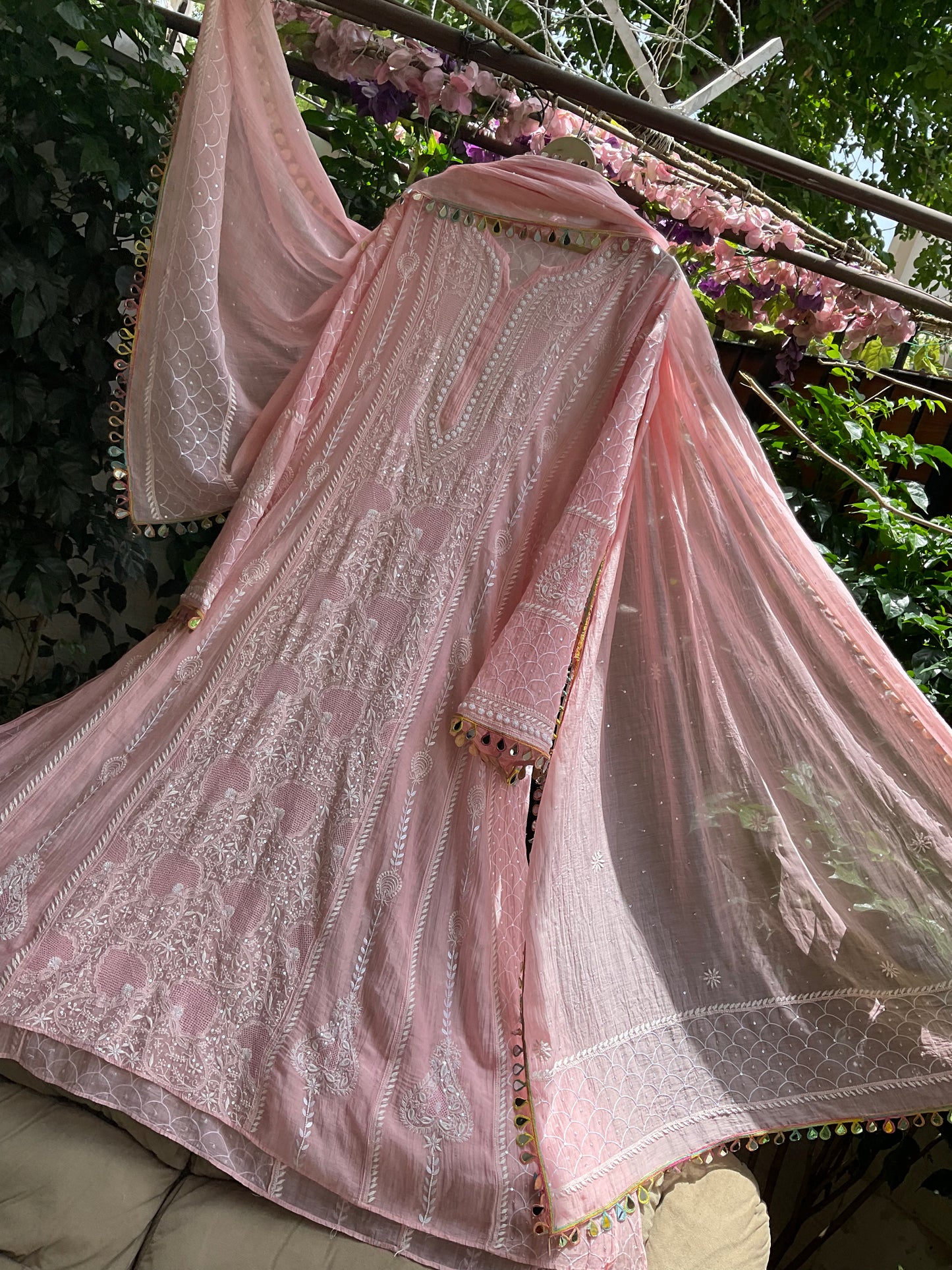 Pure Mulmul Anarkali Suit Set with Chikankari & Jaali Work with Handcrafted Dupatta (Set of 3) (Semi-stitched)