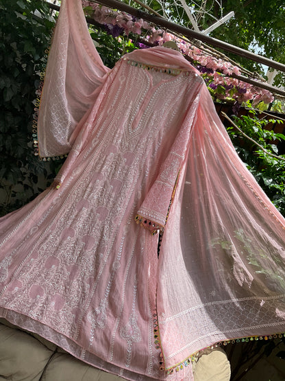 Pure Mulmul Anarkali Suit Set with Chikankari & Jaali Work with Handcrafted Dupatta (Set of 3) (Semi-stitched)