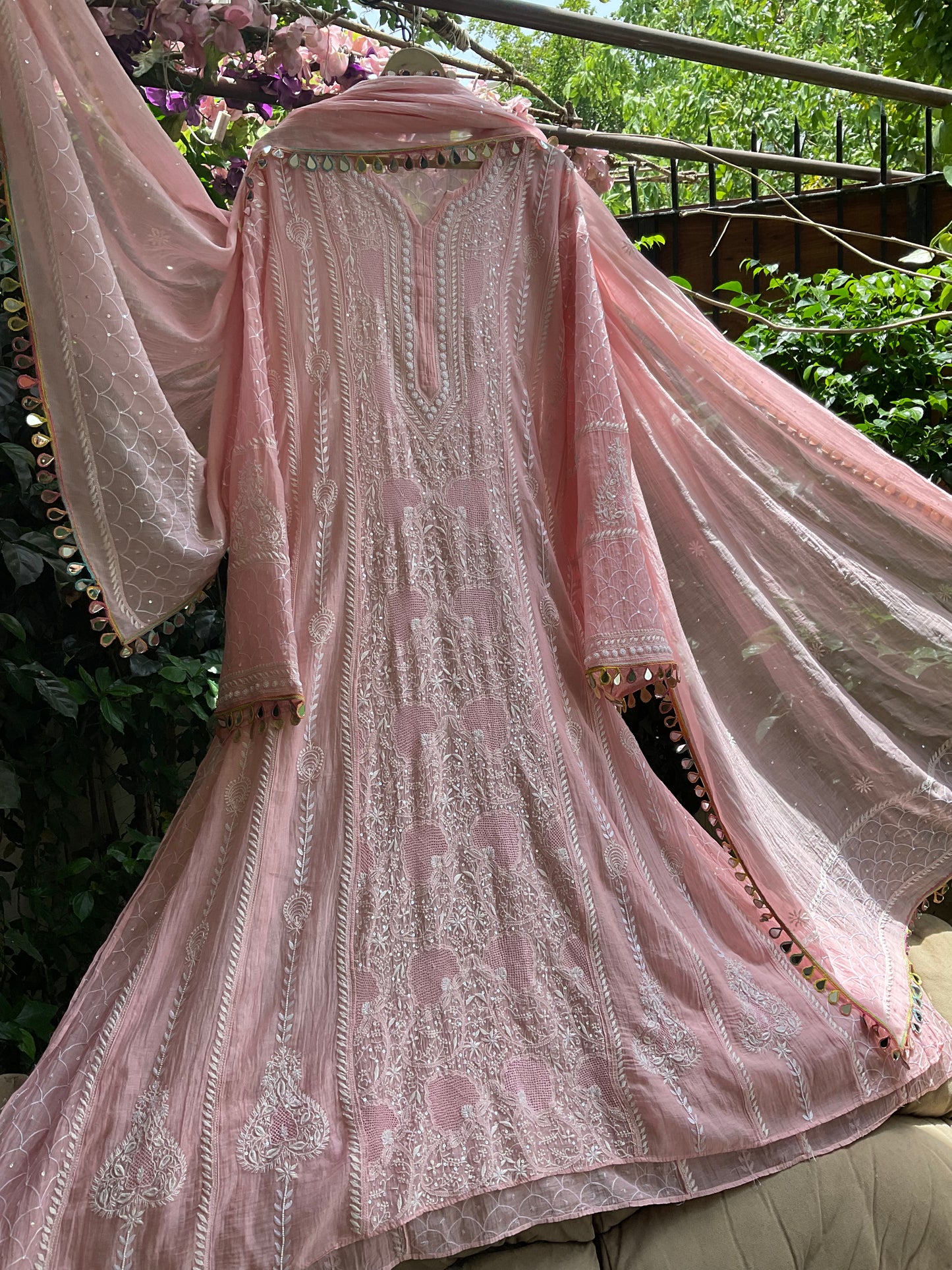 Pure Mulmul Anarkali Suit Set with Chikankari & Jaali Work with Handcrafted Dupatta (Set of 3) (Semi-stitched)