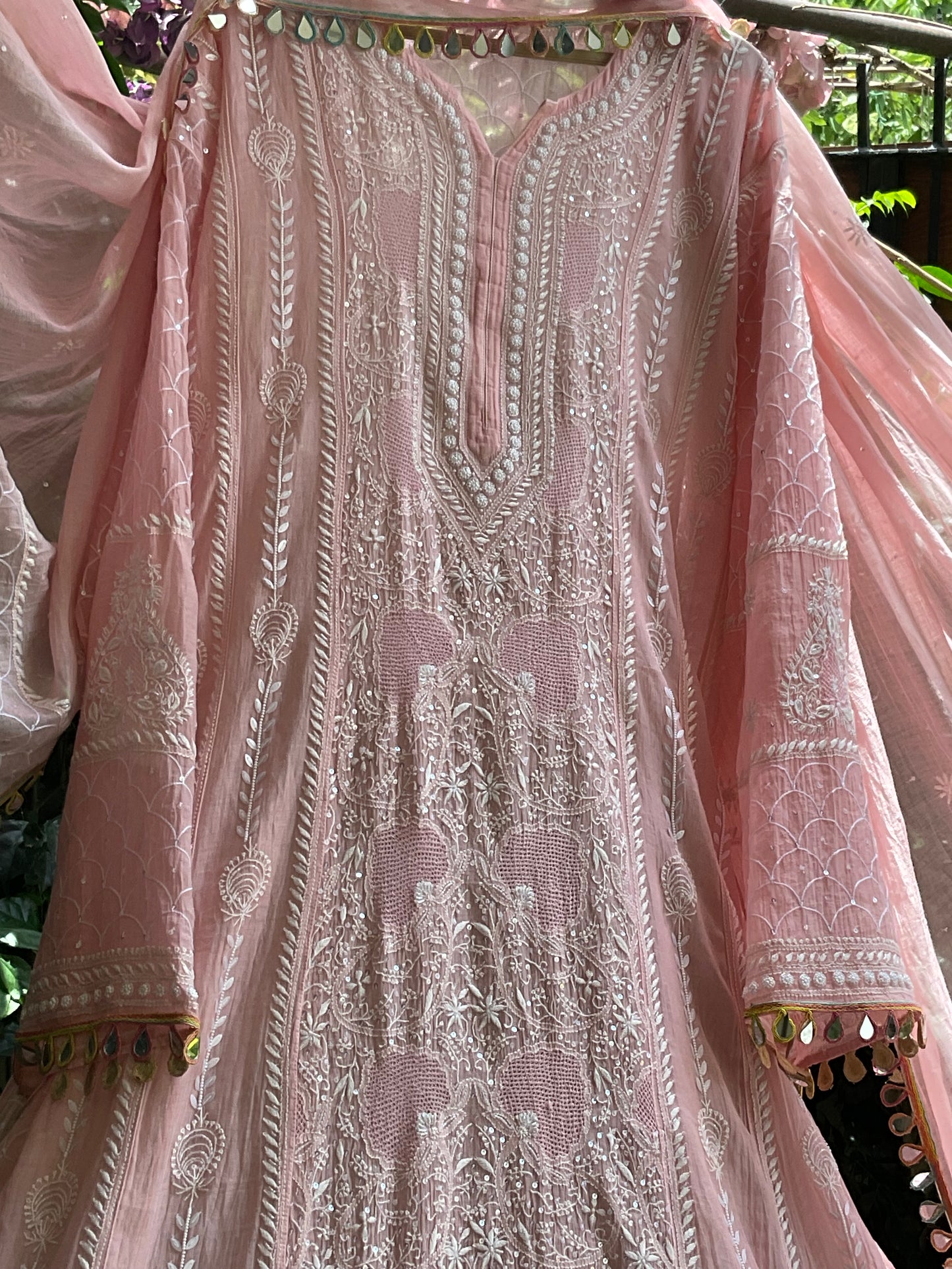 Pure Mulmul Anarkali Suit Set with Chikankari & Jaali Work with Handcrafted Dupatta (Set of 3) (Semi-stitched)