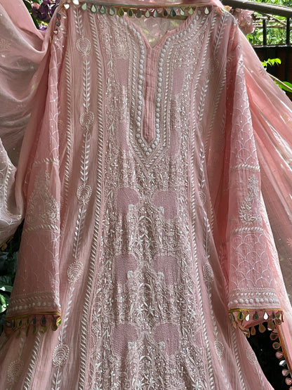 Pure Mulmul Anarkali Suit Set with Chikankari & Jaali Work with Handcrafted Dupatta (Set of 3) (Semi-stitched)