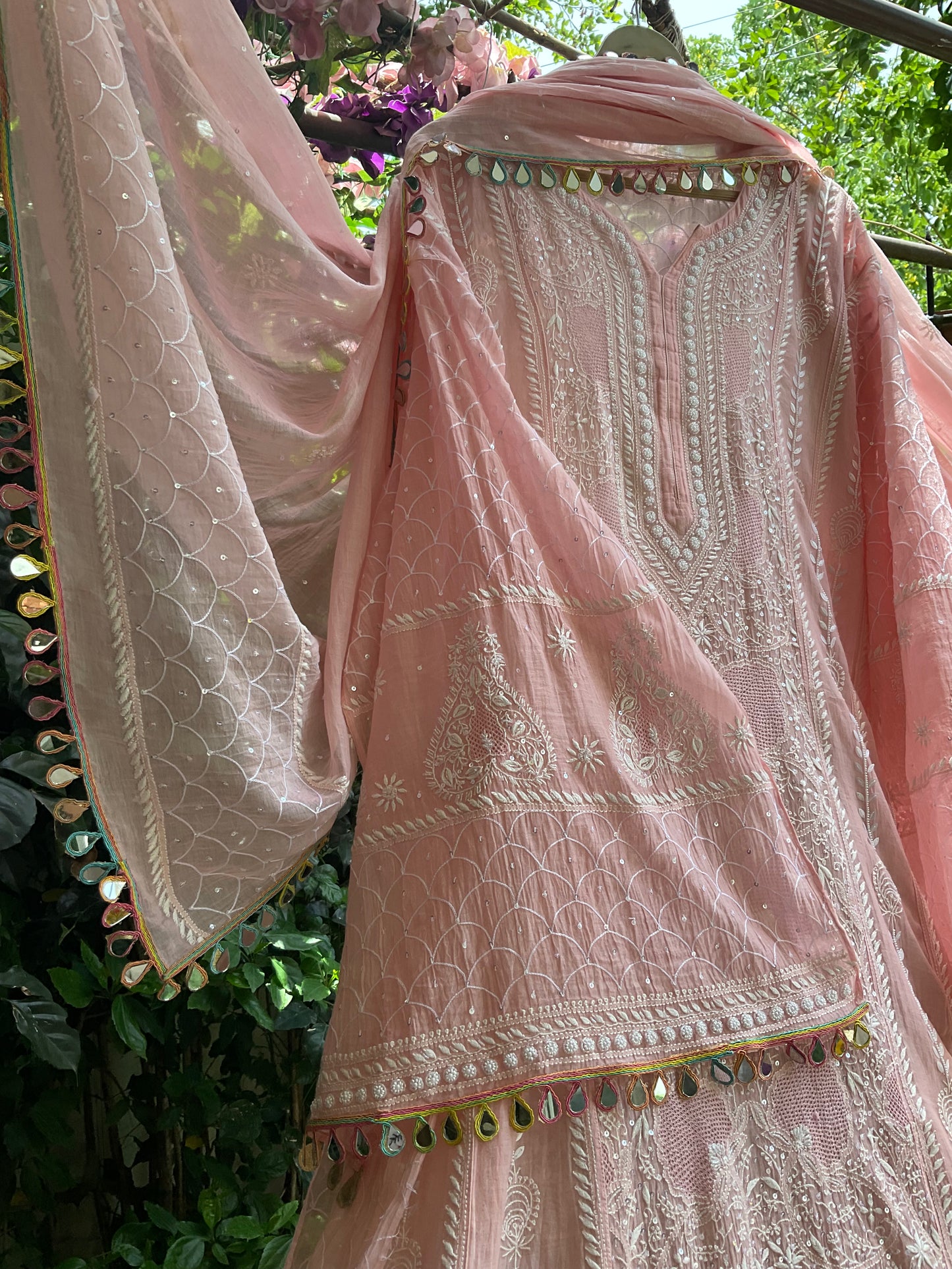 Pure Mulmul Anarkali Suit Set with Chikankari & Jaali Work with Handcrafted Dupatta (Set of 3) (Semi-stitched)