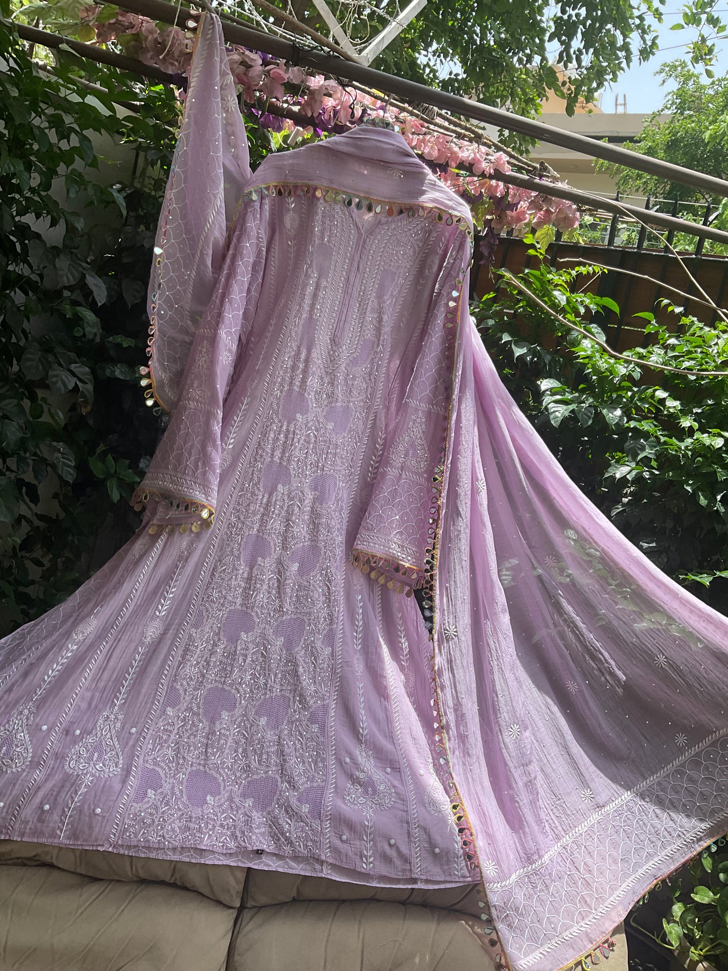 Pure Mulmul Anarkali Suit Set with Chikankari & Jaali Work with Handcrafted Dupatta (Set of 3) (Semi-stitched)