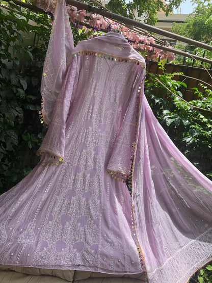Pure Mulmul Anarkali Suit Set with Chikankari & Jaali Work with Handcrafted Dupatta (Set of 3) (Semi-stitched)