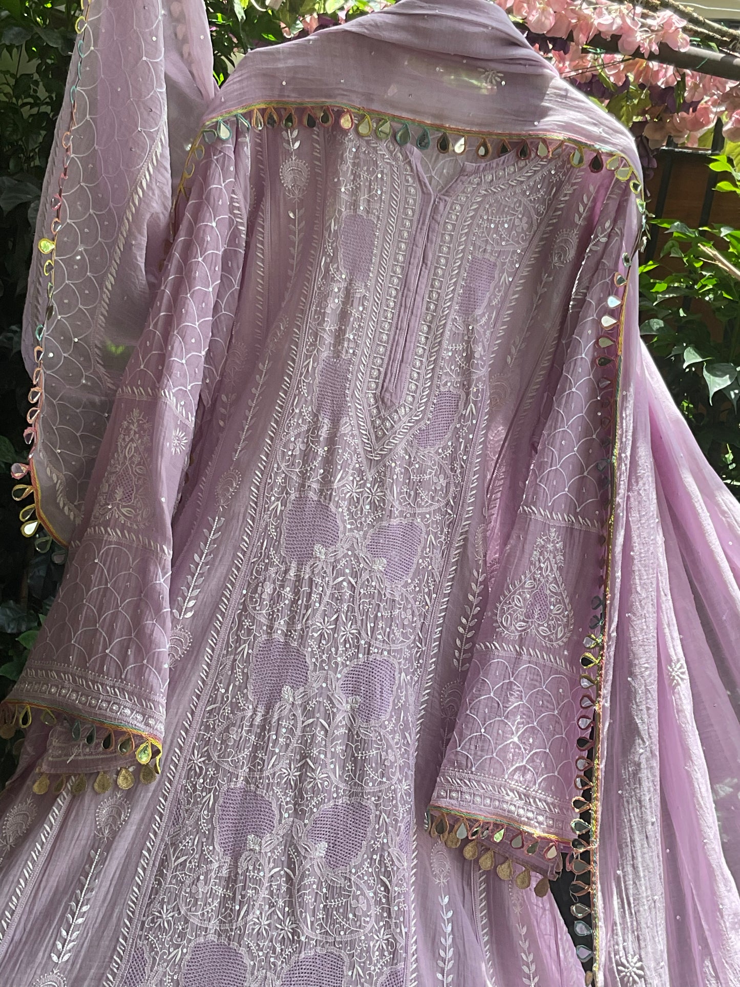 Pure Mulmul Anarkali Suit Set with Chikankari & Jaali Work with Handcrafted Dupatta (Set of 3) (Semi-stitched)