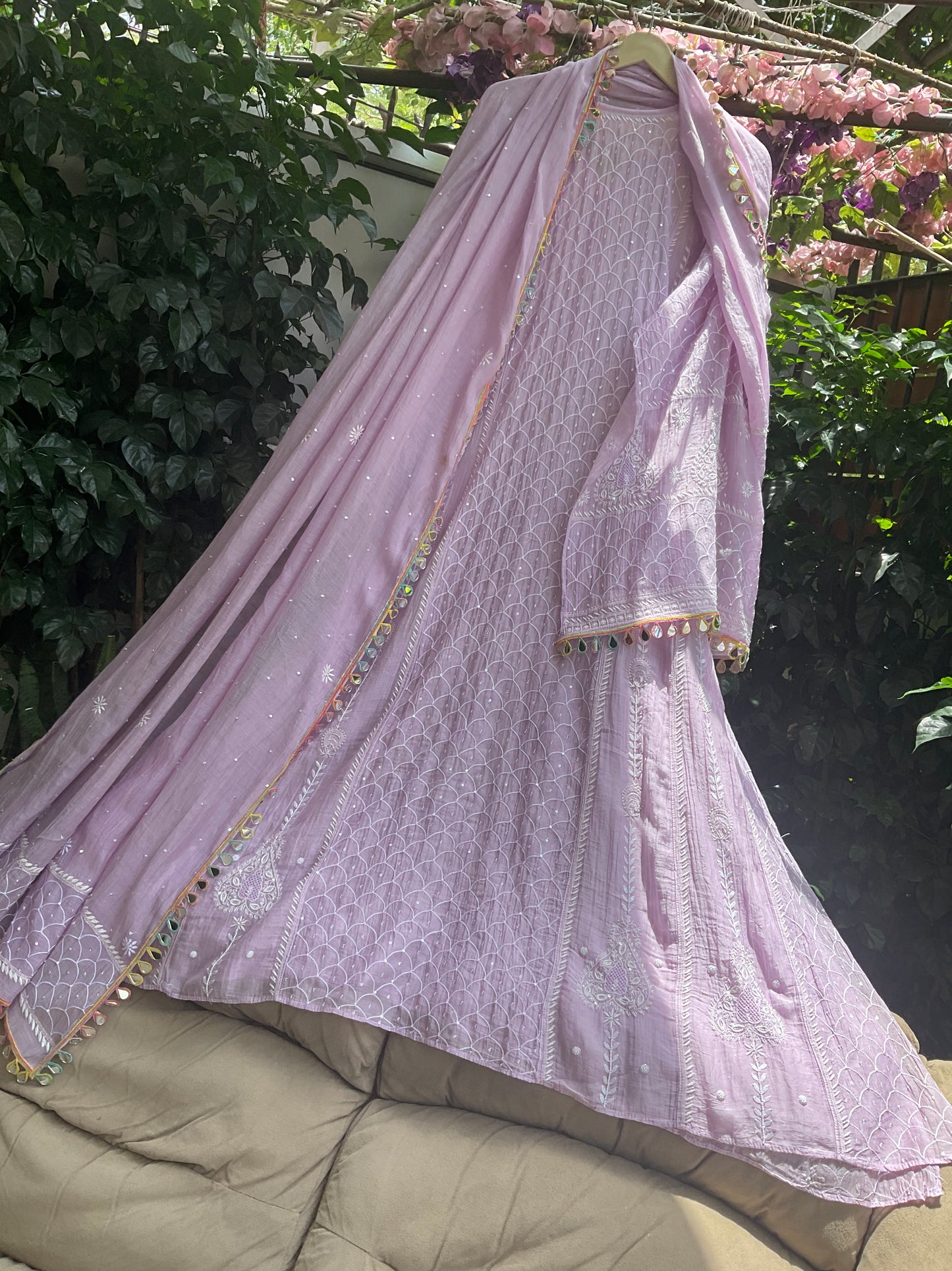 Pure Mulmul Anarkali Suit Set with Chikankari & Jaali Work with Handcrafted Dupatta (Set of 3) (Semi-stitched)