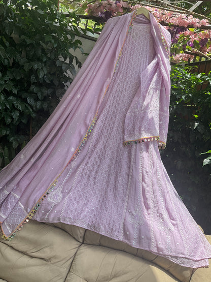 Pure Mulmul Anarkali Suit Set with Chikankari & Jaali Work with Handcrafted Dupatta (Set of 3) (Semi-stitched)
