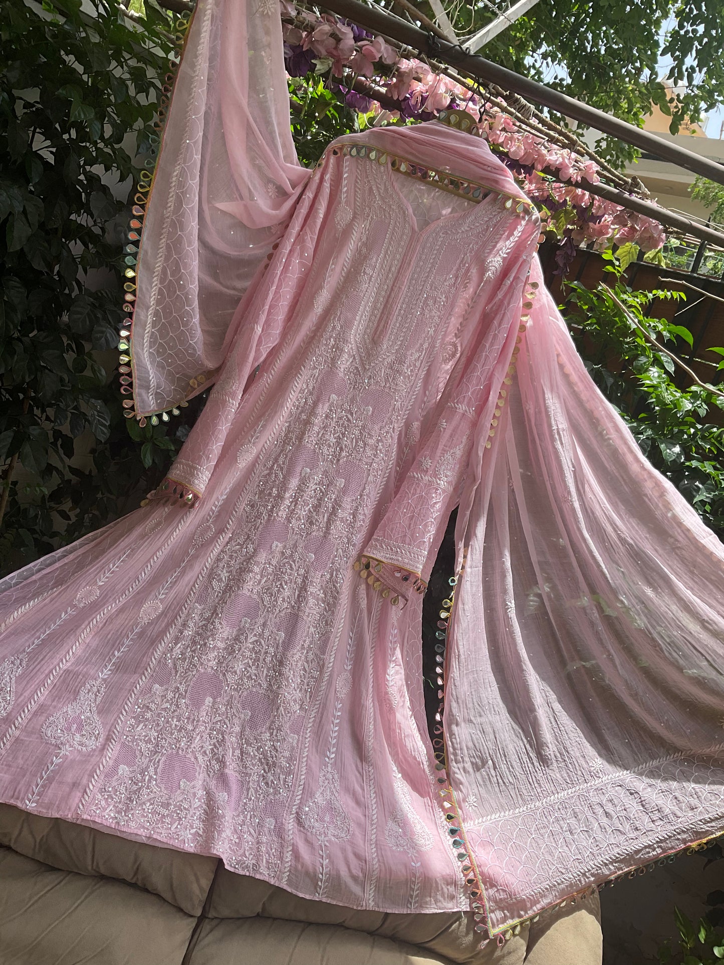 Pure Mulmul Anarkali Suit Set with Chikankari & Jaali Work with Handcrafted Dupatta (Set of 3) (Semi-stitched)
