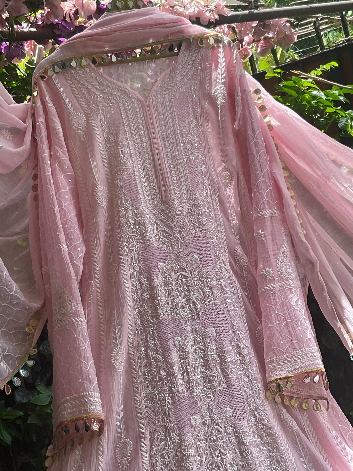 Pure Mulmul Anarkali Suit Set with Chikankari & Jaali Work with Handcrafted Dupatta (Set of 3) (Semi-stitched)