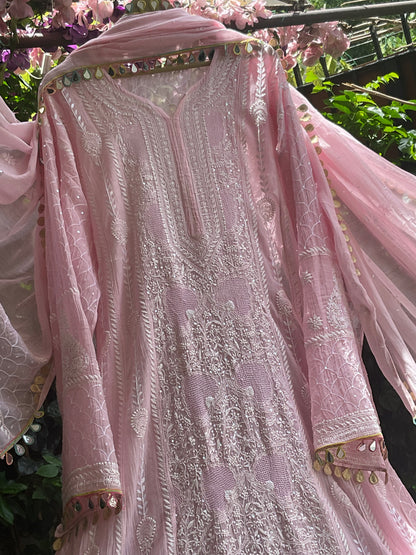 Pure Mulmul Anarkali Suit Set with Chikankari & Jaali Work with Handcrafted Dupatta (Set of 3) (Semi-stitched)