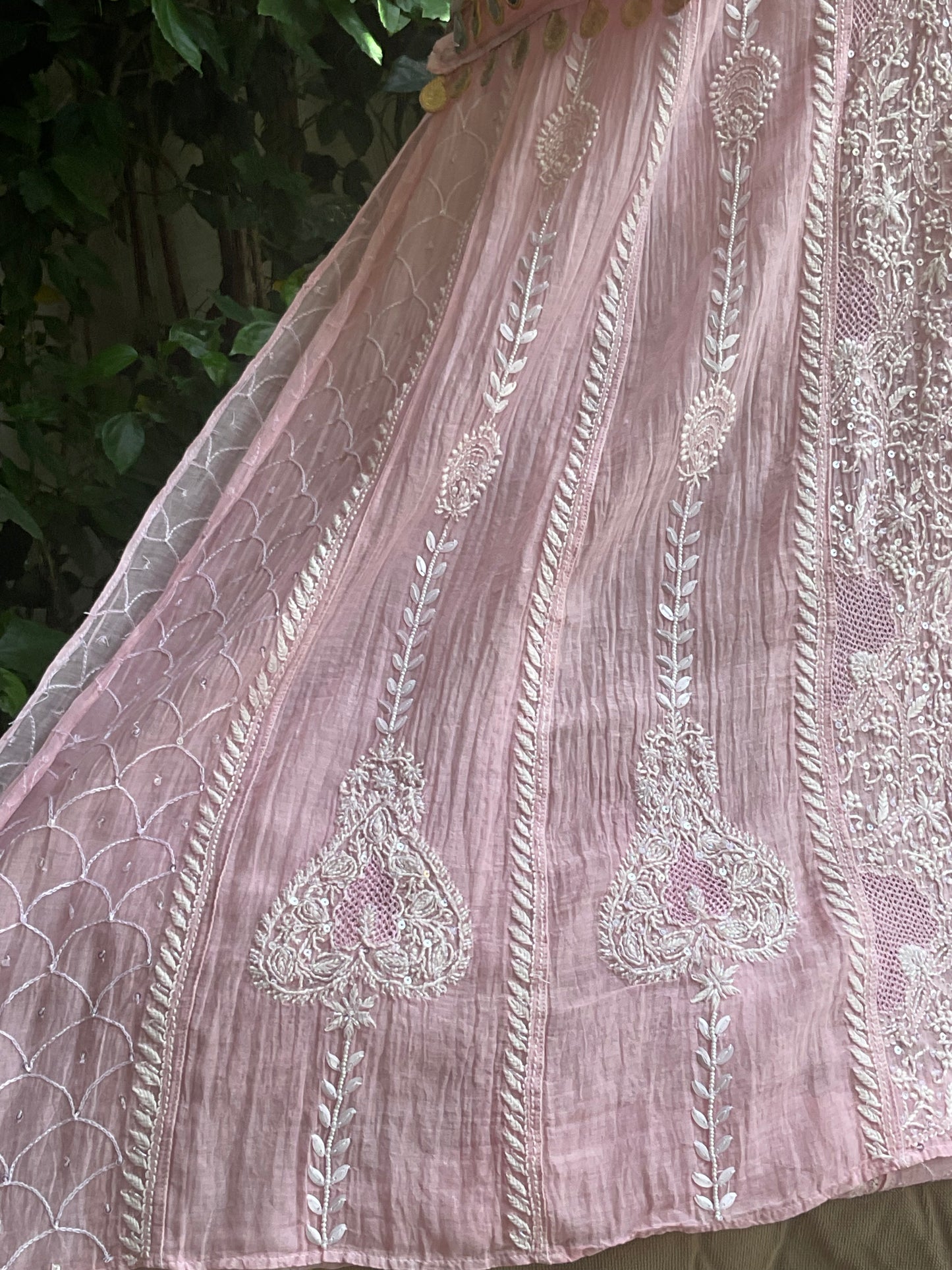 Pure Mulmul Anarkali Suit Set with Chikankari & Jaali Work with Handcrafted Dupatta (Set of 3) (Semi-stitched)