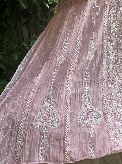 Pure Mulmul Anarkali Suit Set with Chikankari & Jaali Work with Handcrafted Dupatta (Set of 3) (Semi-stitched)