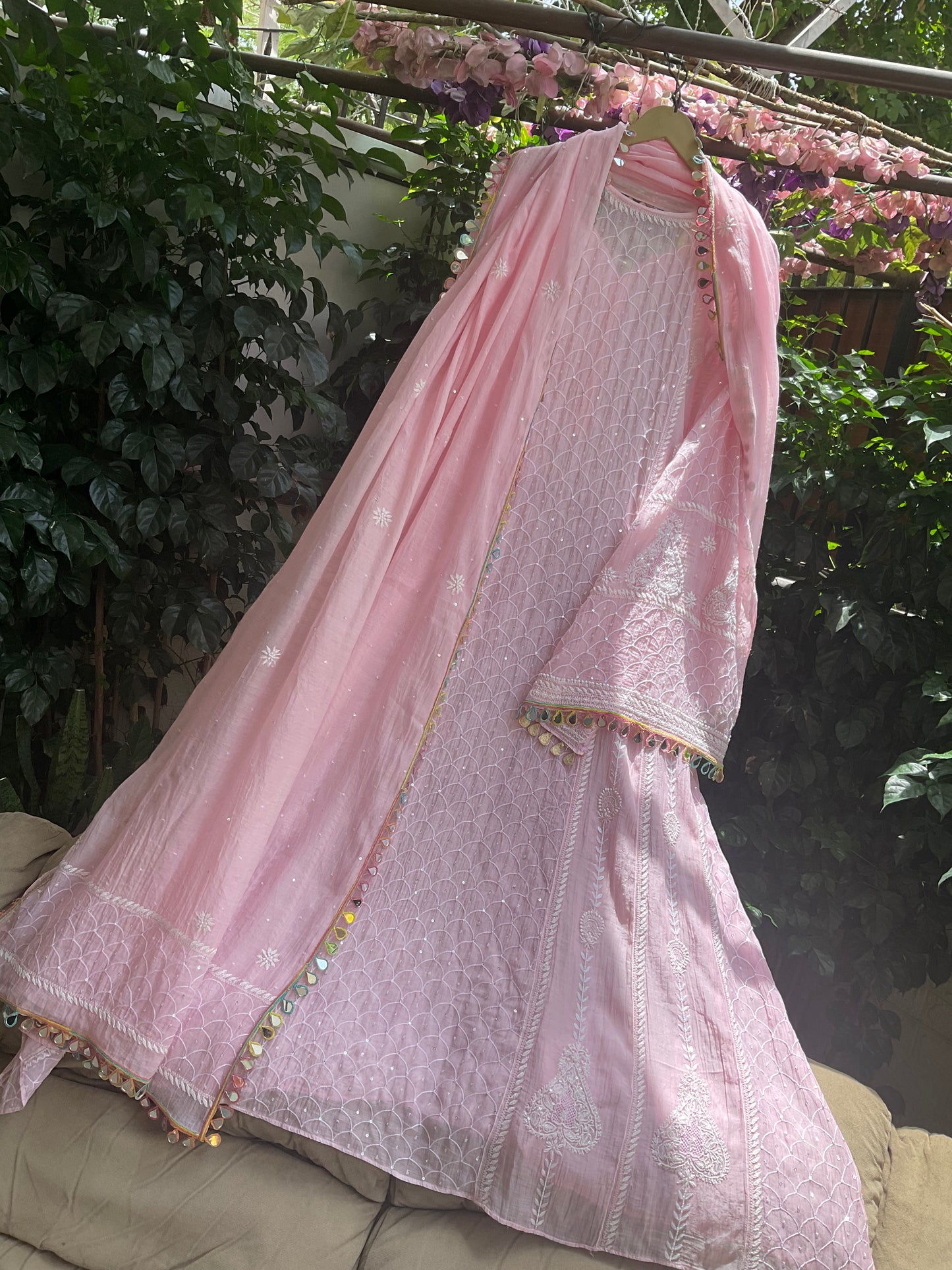 Pure Mulmul Anarkali Suit Set with Chikankari & Jaali Work with Handcrafted Dupatta (Set of 3) (Semi-stitched)