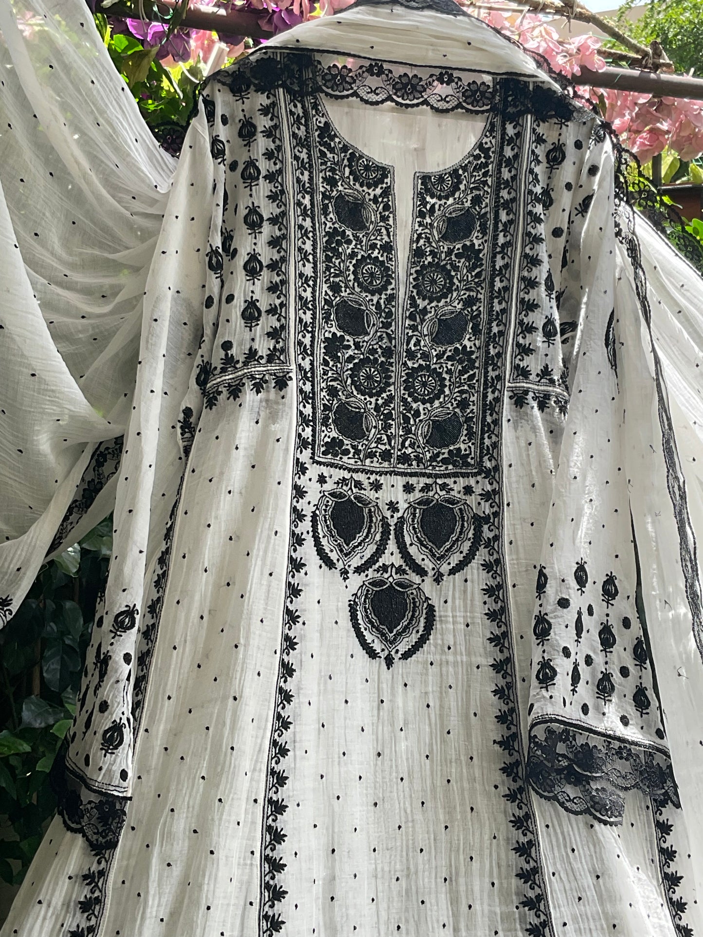 Pure Mulmul Anarkali Suit Set with Chikankari & Jaali Work with Handcrafted Dupatta (Set of 3) (Semi-stitched)