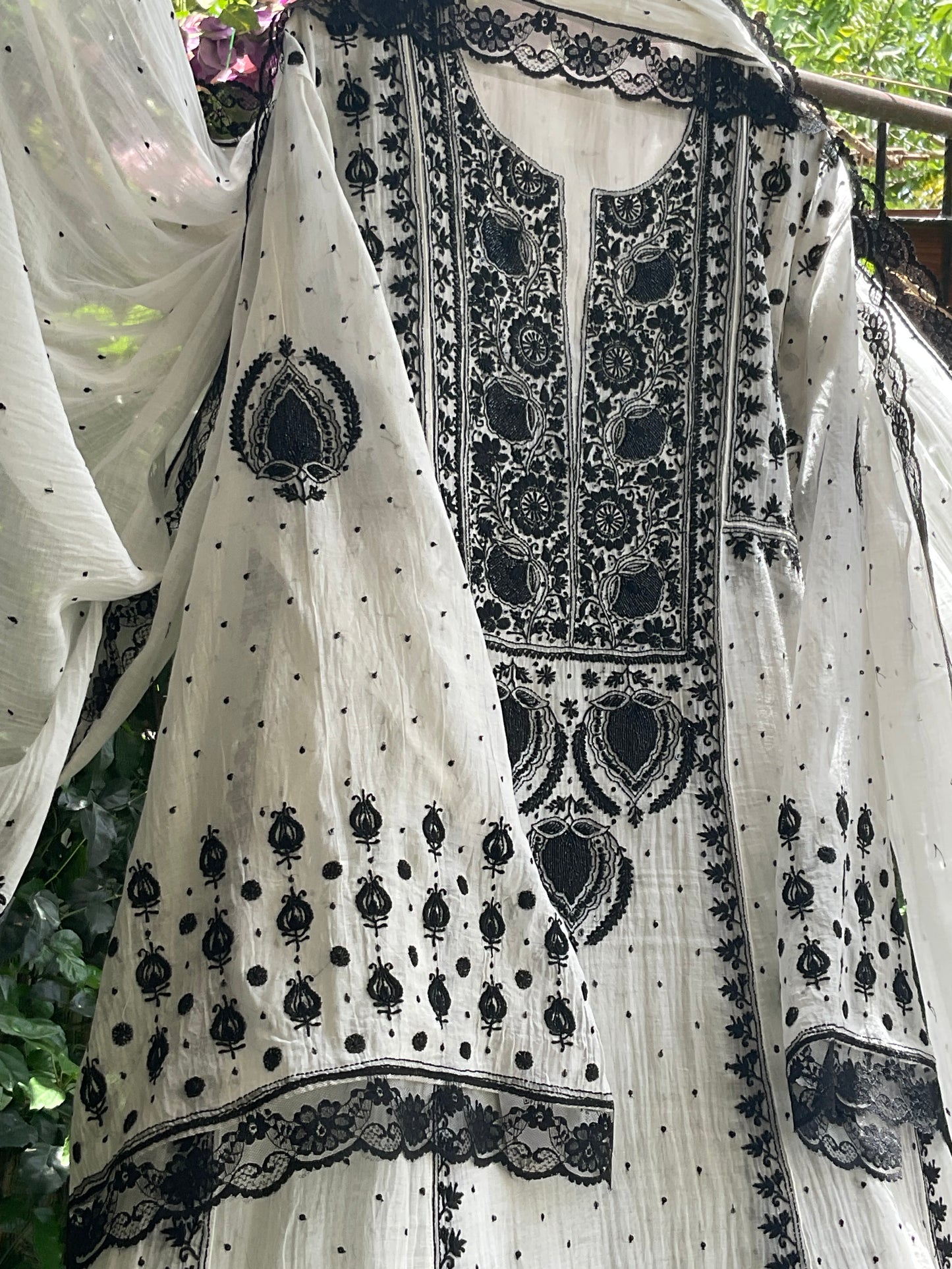 Pure Mulmul Anarkali Suit Set with Chikankari & Jaali Work with Handcrafted Dupatta (Set of 3) (Semi-stitched)