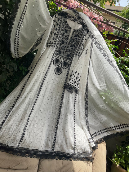 Pure Mulmul Anarkali Suit Set with Chikankari & Jaali Work with Handcrafted Dupatta (Set of 3) (Semi-stitched)