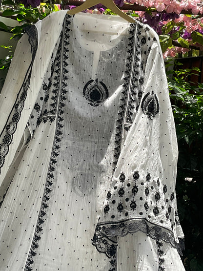 Pure Mulmul Anarkali Suit Set with Chikankari & Jaali Work with Handcrafted Dupatta (Set of 3) (Semi-stitched)