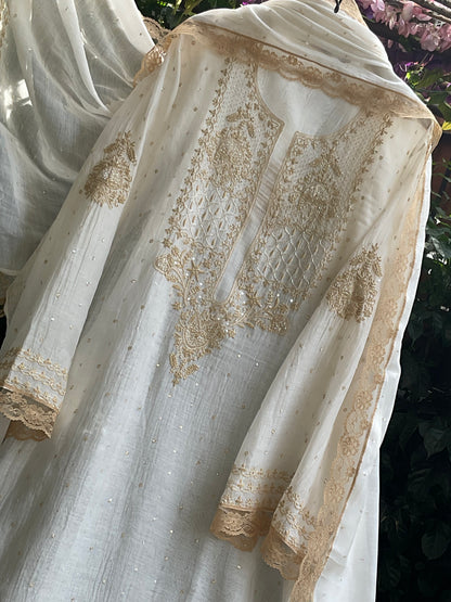 Pure Malmal Kurta Set with Kat Dana & Mirror Work with Handcrafted Malmal Dupatta (Set of 3) (Semi-stitched)